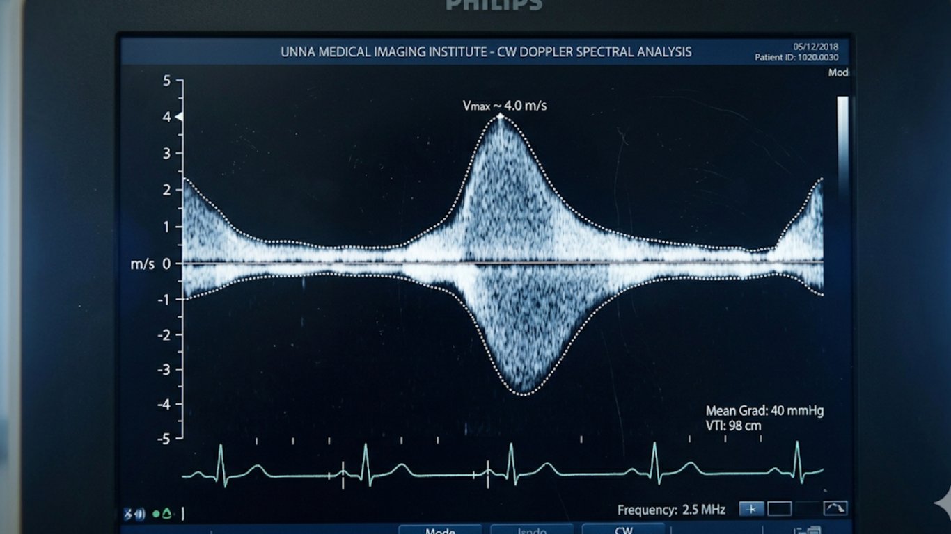 CW-Doppler Spektralkurve bei hochgradiger Aortenstenose — Vmax 4 m/s, mittlerer Gradient 40 mmHg