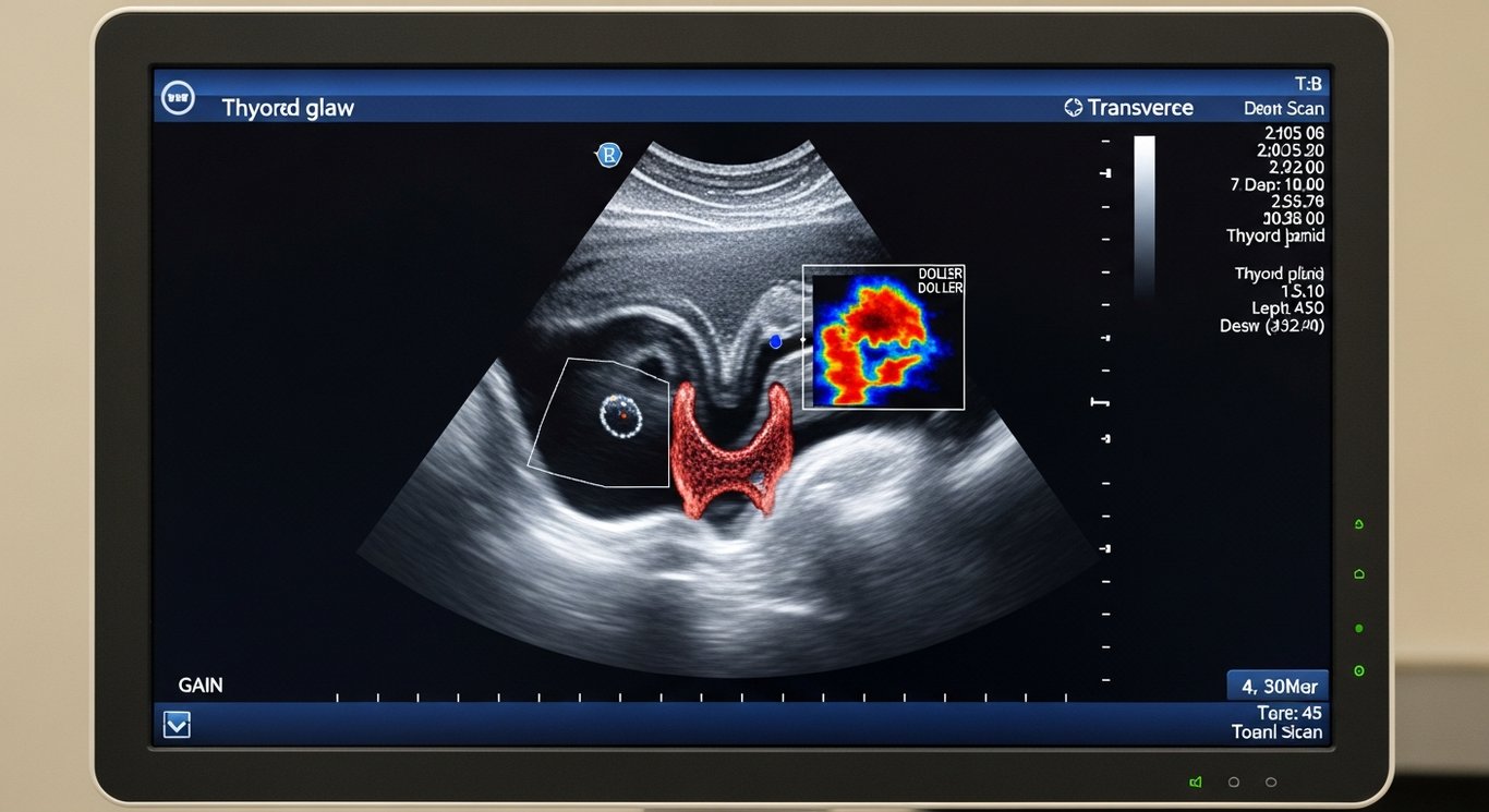 Schilddrüsen-Sonographie — Querschnitt beider Schilddrüsenlappen mit Knoten und Farbdoppler