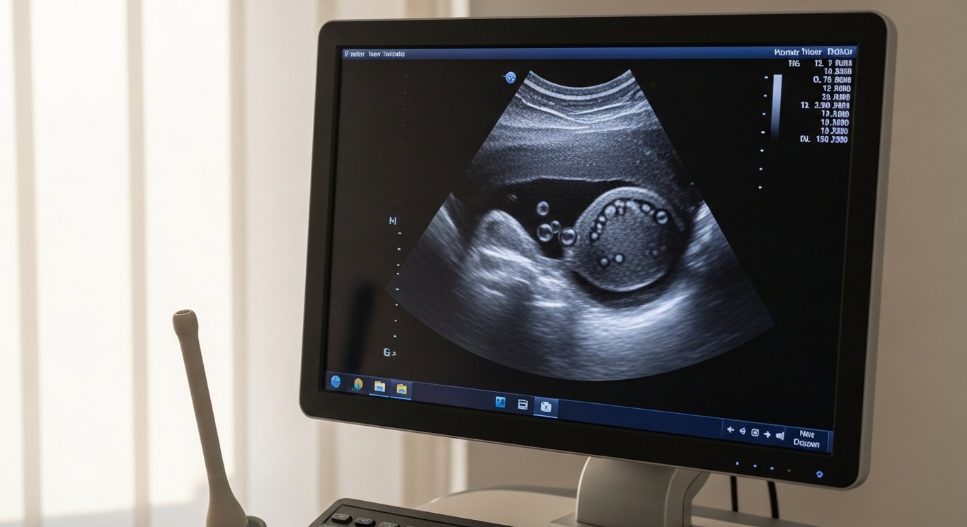 Vaginaler Ultraschall — Monitor mit Ovarialfollikeln und Endokavitärsonde der transvaginalen Sonographie